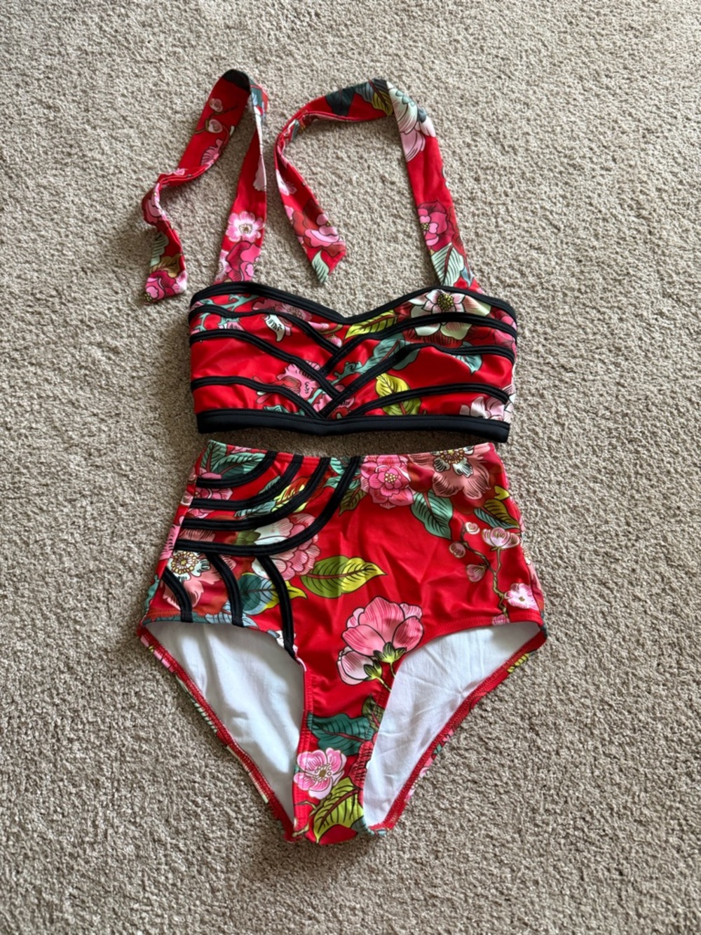 Modcloth Red Floral High-Waist Bikini Set Size XS